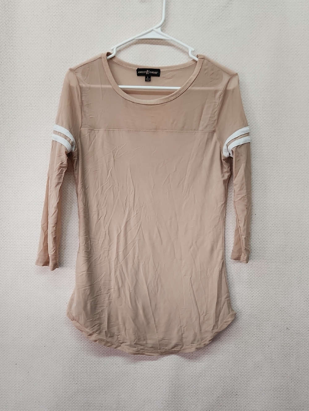 Almost Famous Taupe Long Sleeve Scoop Neck Top with White Sleeve Stripes